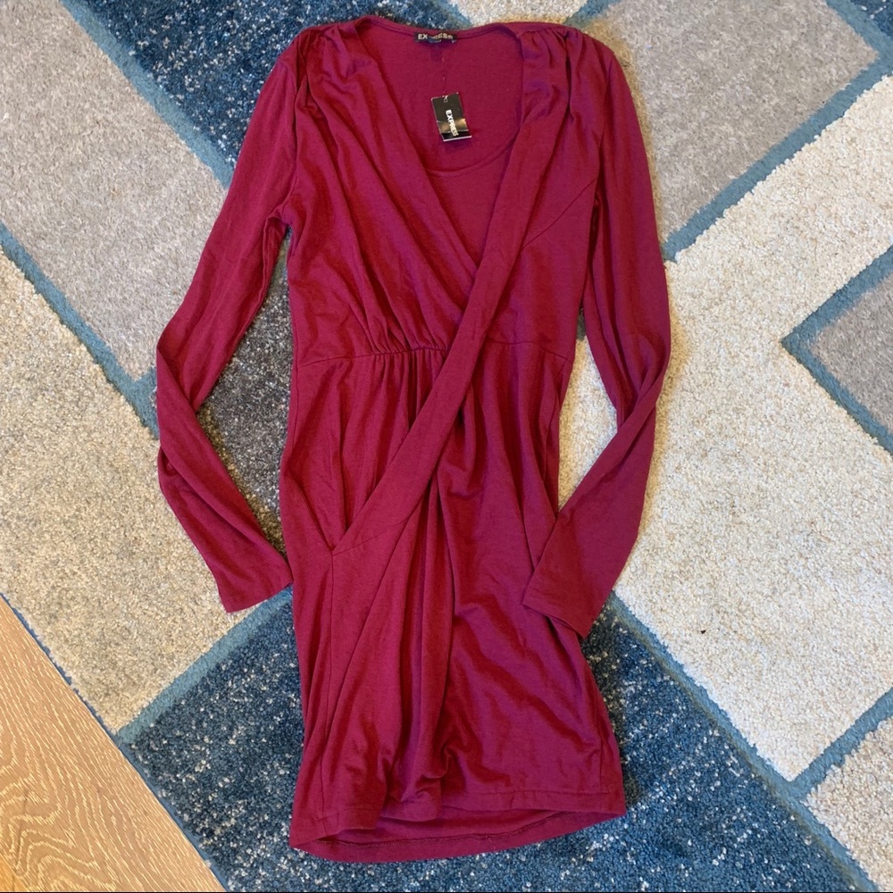 Express Maroon Red Faux Wrap Dress Drape XS NWT Long Sleeve